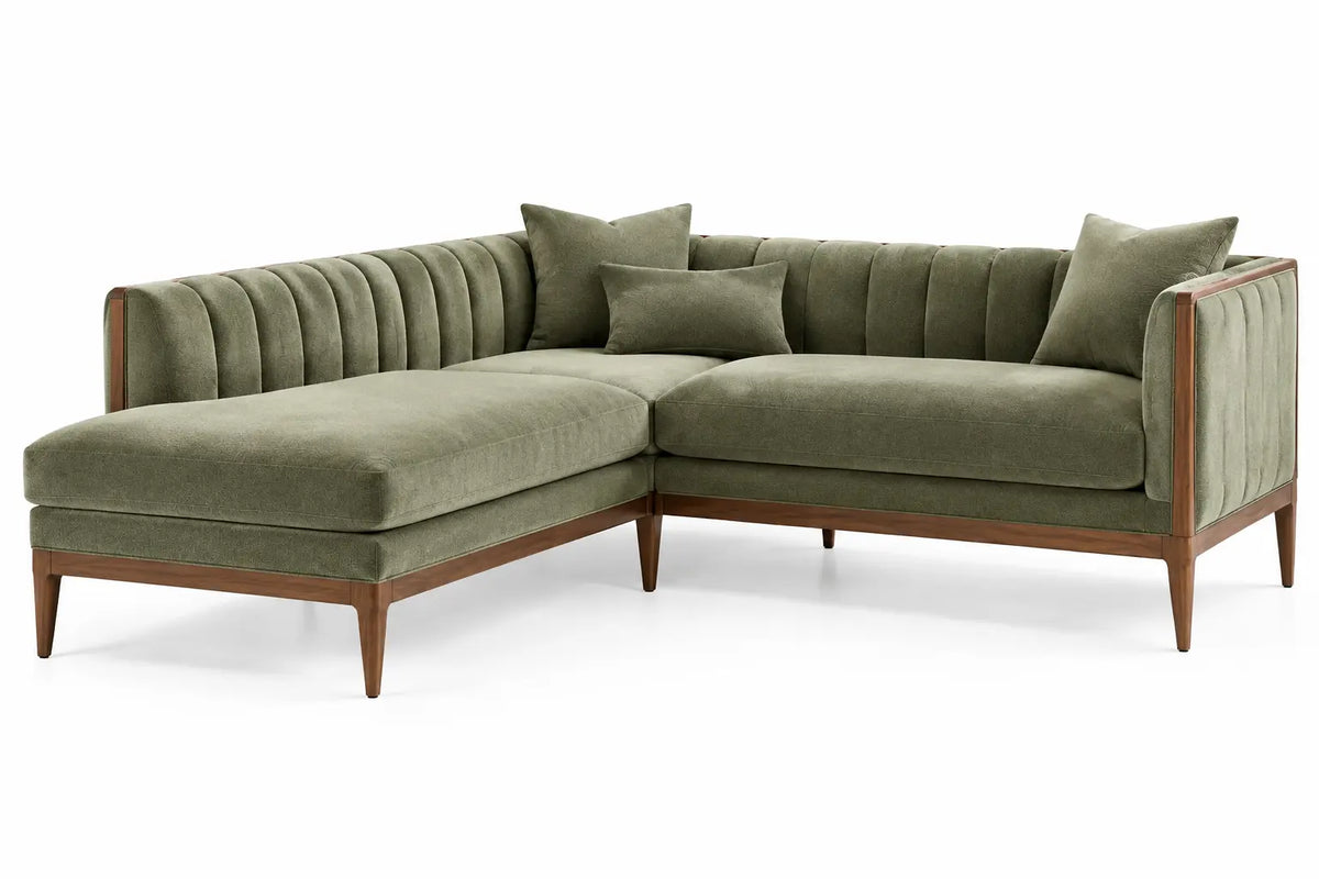 Sof¨¢ esquinero tapizado con acolchado acanalado, verde y marr¨®n
