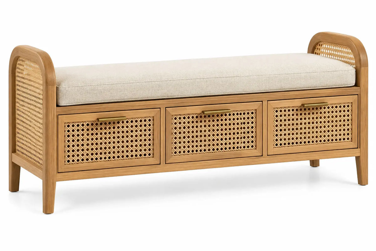 Banco con asiento acolchado con detalles de entramado, marr¨®n y beige