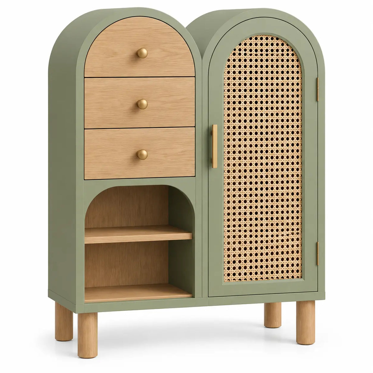 Armario de almacenamiento con formas arqueadas y detalles de entramado, verde y marr¨®n