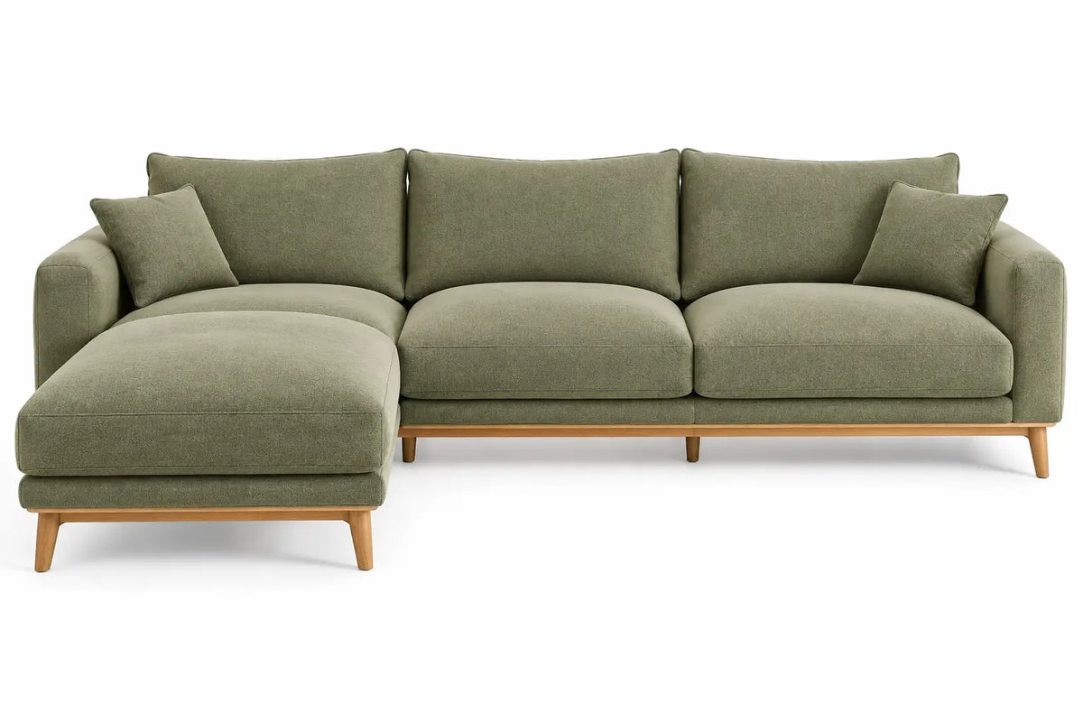 Sof¨¢ esquinero tapizado con patas elevadas, verde y marr¨®n