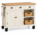 Mueble auxiliar de cocina con ruedas con detalles cruzados y estantes, blanco y marr¨®n