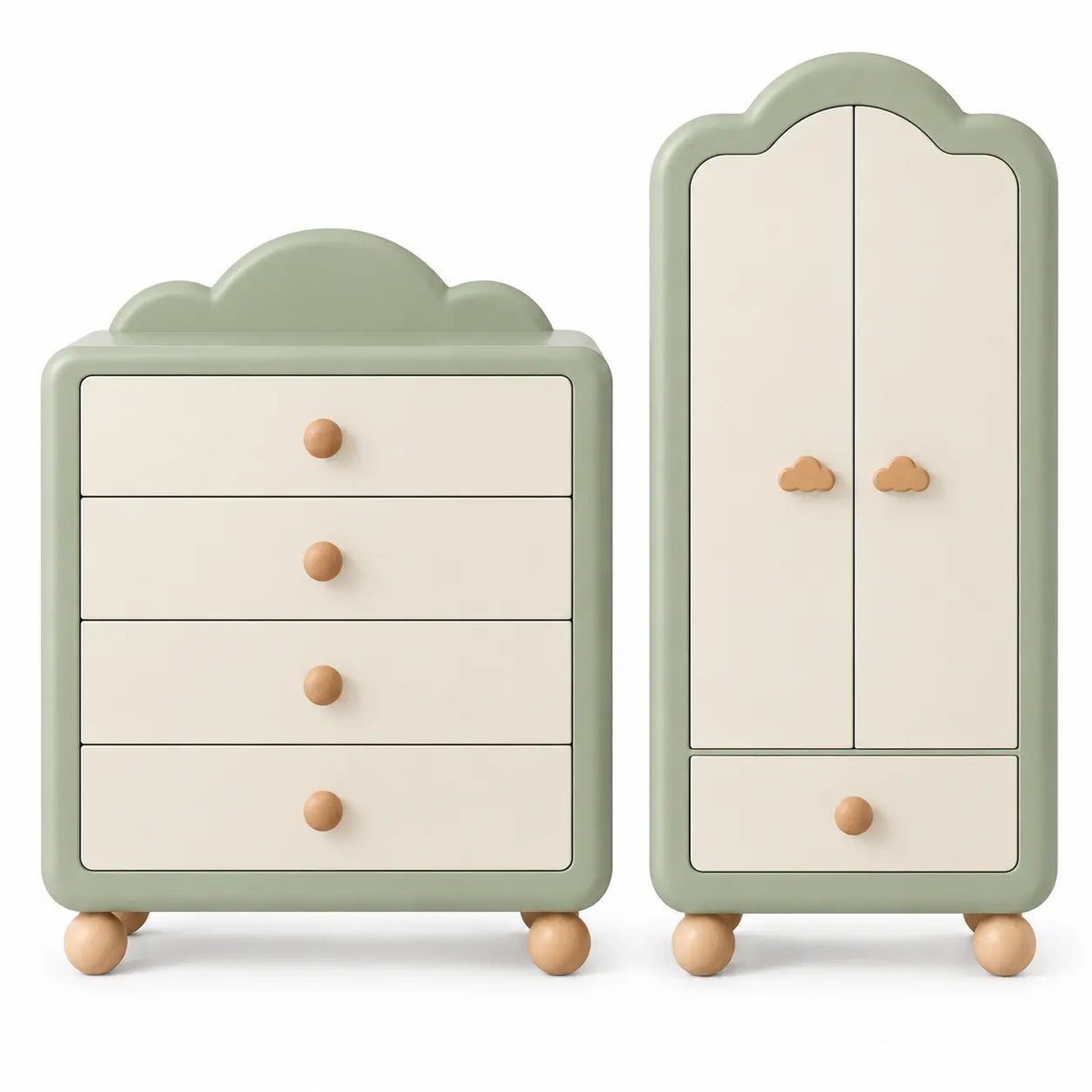 Conjunto de muebles de almacenamiento de contorno redondeado, verde y blanco